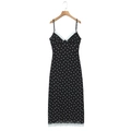 Elegante abito a pois senza maniche con finiture in pizzo bianco e scollatura a V - S / Nero a Pois Bianchi