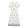 Robe midi blanche à volants avec manches bouffantes, nœud en V et broderie florale - XS / Blanc