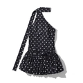 Detailoverzicht van zwarte mini-jurk met stippen, halternek, taillestrik en gelaagde ruches - S / Zwarte Polkadot