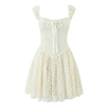 Elegant cream lace corset dress with flutter sleeves and ribbon bow detailing - S / Off White