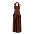 Abito midi marrone scuro con scollo all'americana, drappeggio asimmetrico e spacco laterale - S / Marrone