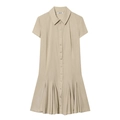Detailed view of beige pleated mini dress featuring classic collar and button-down front - XS / Khaki