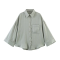 Camicetta casual da donna ampia a tinta unita con maniche larghe in misto lino salvia - XS / verde chiaro