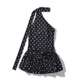Polka dot halter neck mini dress with waist tie and ruffled hem on white background - S / Black Polka Dot