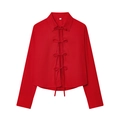 Women stylish bright red long sleeve poplin shirt with decorative front bow ties - S / Red