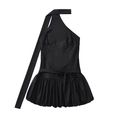 Fashionable black halter mini bubble dress with waist bow tie in a professional flat lay - S / Black