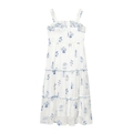 Weißes Off-Shoulder Mini-Kleid mit blauem Blumendruck und gestuften Rüschen - XS / Weiß mit blauen Blumen