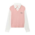 Preppy pink cable-knit vest with white shirt sleeves and Nature embroidery detail - S / Pink & White