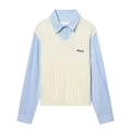 Sky blue shirt with cream cable-knit vest featuring Nature embroidery and V-neckline - S / Blue White