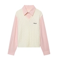 Women's pink long sleeve shirt and beige cable knit vest with Nature embroidery - S / Rice Pink