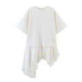 Detailed view of asymmetric hemline featuring delicate white lace and ruffled satin trim - XS / Off White