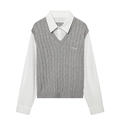 Women's 2-in-1 grey cable knit vest with white long sleeve collared shirt combo - S / Grey/White