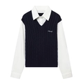Ensemble pull sans manches torsadé bleu marine et chemise blanche pour femme - Noir et Blanc