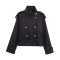 Korte zwarte double-breasted trenchcoat met tailleriem en epauletten op witte basis - S / Zwart
