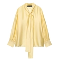 Elegant pale yellow silk-satin long sleeve blouse with a bow tie neck and draped fit - XS / Yellow