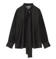 Women's black long sleeve satin blouse with pussy-bow neck and pleated sleeves in size S - XS / Black