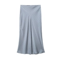 Elegant dusty blue satin midi skirt with white polka dots and a glossy finish - XS / Printed