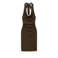 Mini vestido marrón oscuro con cuello halter y detalles fruncidos sobre fondo blanco - XS / Marrón Oscuro