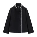 Detail of black wool coat featuring high neck and contrast white topstitching accents - S / Black