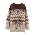 Detail of V-neck knit cardigan featuring geometric Fair Isle patterns and waist belt - S / As Shown