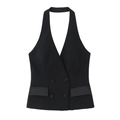 Dettaglio del gilet nero a doppio petto con scollo a V e tasche con patta in raso - XS / Top
