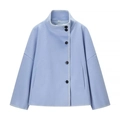 Detail of light blue wool jacket featuring a small stand collar and contrast stitching - S / Sky Blue