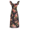 Abito vintage francese attillato con stampa a rose e scollatura a balze - S / Nero Floreale