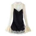 Vestido elegante de satén en negro y crema con retazos de encaje y mangas acampanadas - XS / Color de la Imagen (Patchwork Blanco y Negro)