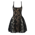 Detailed close-up of intricate black floral lace pattern on mesh strap dress - Black