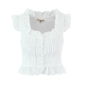 White eyelet embroidered blouse with ruffled sleeves and lace trim in sweet French style - S / Tops