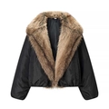 Chaqueta corta negra de mujer con cuello de piel sintética marrón y dobladillo elástico - S / Negro