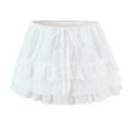 White tiered eyelet lace mini skirt with drawstring waist and floral embroidery detail - S / Skirt