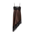 Elegante vestido de satén marrón con encaje negro y dobladillo asimétrico para mujer - XS / café