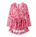 Abito rosa floreale con scollo a V, bordi a balze e bottoni di diamanti scintillanti - S / Stile Floreale Rosa (Colore Immagine 1)