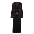 Elegante vestido largo de terciopelo marrón con cuello en V y detalle de cintura fruncida - XS / Marrón Oscuro