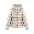Chaqueta de esquí de invierno entallada con capucha en oro champán y cinturón ajustable - XS / Champán