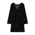 Mini robe moulante à paillettes noires avec col en V profond et manches longues pour l'hiver - XS / Noir