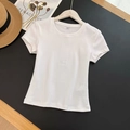 T-shirt da donna bianca in cotone, vestibilità aderente con girocollo, taglia S - Bianco