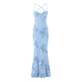Vestido de sirena azul claro con bordado floral 3D y diseño de espalda cruzada - S / Azul cielo
