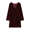 Robe courte à paillettes bordeaux avec col en V et manches longues au style scintillant - XS / Bordeaux