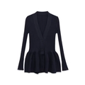 Nauwsluitende marineblauwe geribbelde gebreide jurk met V-hals en peplum zoom voor dames - S / Donkerblauw