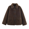 Damen Teddy-Mantel in Dunkelbraun mit Reverskragen und Taschen mit Lederimitat-Besatz - XS / Kaffeebraun