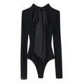 Detail of black lace bodysuit featuring a large satin bow tie on the back neckline - S / Black