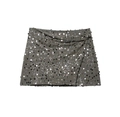 Close-up of deep grey mini wrap skirt with silver sequins and side knot detail - Grey Green
