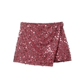 Detail view of wrap-style mini skirt featuring shimmering red and silver sequins - Burgundy