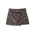 Detail of silver sequins on a wrap mini skirt with wave pattern and metallic texture - Dark Brown