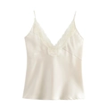 Detailed view of the V-neckline with delicate lace trim on ivory satin camisole - XS / Apricot
