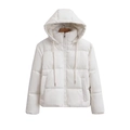 Detail einer weißen gefütterten Steppjacke mit Kordelzug-Kapuze und Seitentaschen - Reinweiß