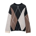 Detail of argyle knit sweater showing ribbed cuffs and textured diamond pattern - S / Black and Brown Color Block