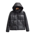 Women's black faux leather hooded jacket with quilted design and zipper closure - XS / Black